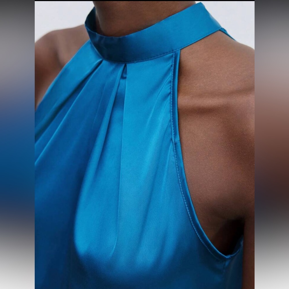 Teal Blue Satin Halter Blouse Top - Picture 15 of 15